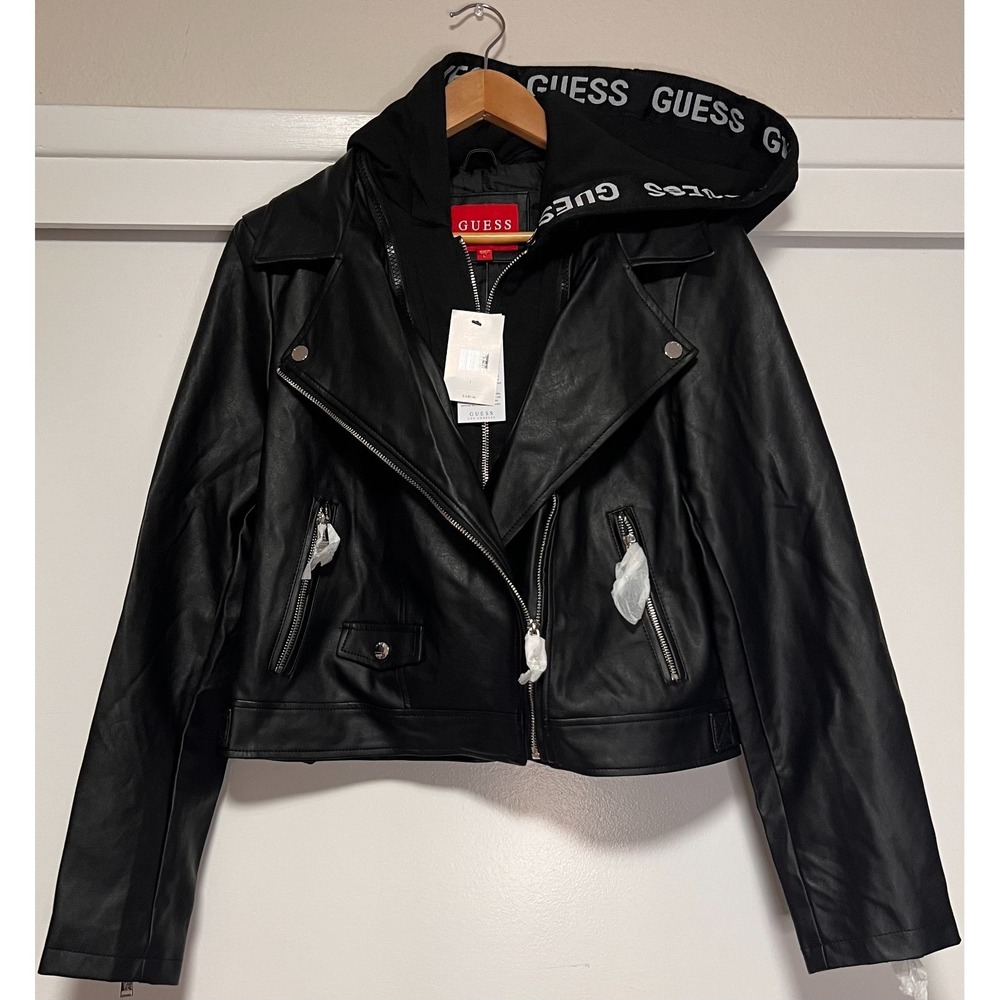 GUESS Womens Black Faux Leather Moto Jacket Hooded Biker Jacket Zip Front Large